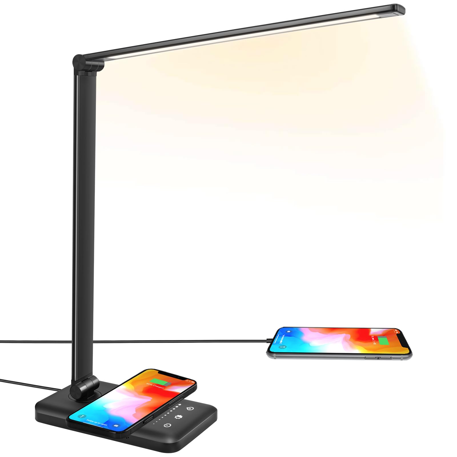 JOSTIC LED Desk Lamp with Wireless Charger, USB Charging Port, 10 Brightness, 5 Color Modes, Desk Lamps for Home Office, Dimmabl