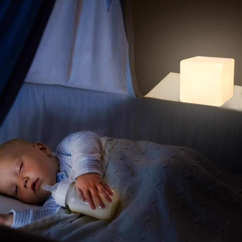 Mr.Go 4-Inch Dimmable Led Night Light Mood Lamp For Kids And Adults - 16 Rgb Colors - 8 Level Dimming - 4 Lighting Effect - Rechargeable - Remote Control - Decorative, Fun & Safe - White Finish Cube