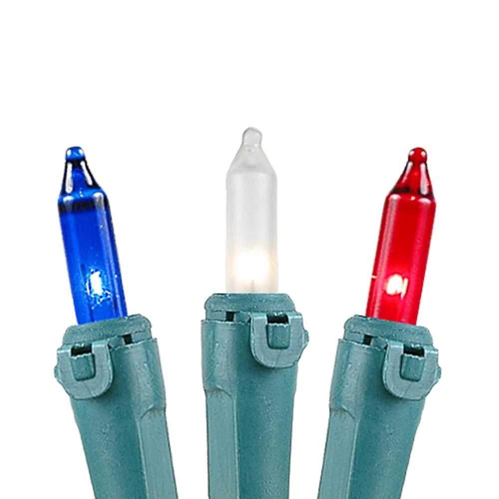 Novelty Lights 100 Light Mini String Light Set, 50 Long, UL Listed, Green Wire, Red/White/Blue, Model MRD-25B-4, Indoor/Outdoor