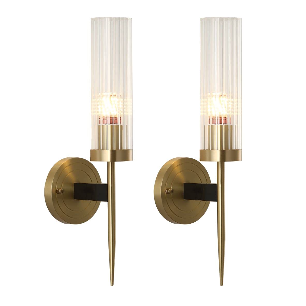 BOKT Modern Cylinder Sconces Wall Lighting Set of Two Mid Century Antique Brass Gold 1-Light Wall Sconce Set of 2 Clear Crystal 