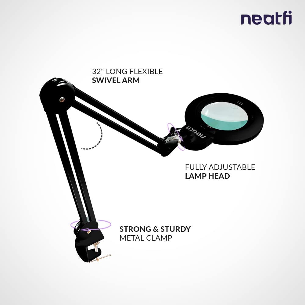 Neatfi Xl Bifocal Led Magnifying Lamp, 7-Inch Lens, 5D/20D, Dimmable, Adjustable Arm, Black, With Clamp