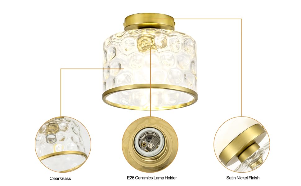 Zlepmlla Gold Flush Mount Ceiling Light with Clear Hammered Glass Shade, Satin Brass Finish, Model 9109-1X-GD, Bulb Not Included