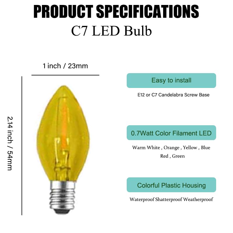 Venusop 2 Pack C7 Yellow Led Replacement Christmas Light Bulbs,E12 Candelabra Base, Shatterproof Plastic, For Christmas Outdoor