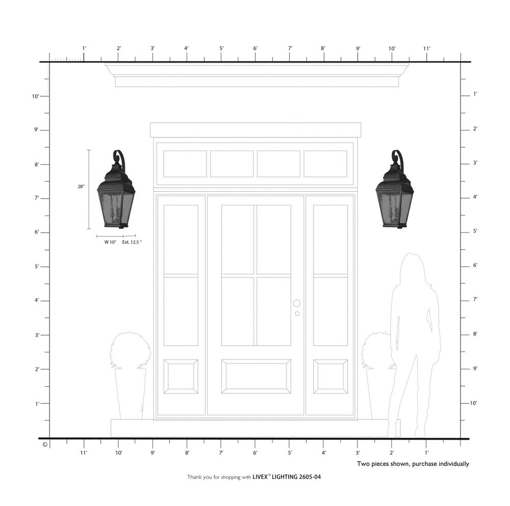Livex Lighting Exeter 3-Light Outdoor Wall Lantern, Handcrafted Solid Brass, 10inW x 28inH, Bronze, Model 2605-07
