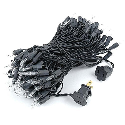 Novelty Lights 50 Feet 100 Bulbs Traditional Incandescent Mini Lights, Clear On Black Wire With 6 Spacing, Commercial Grade And