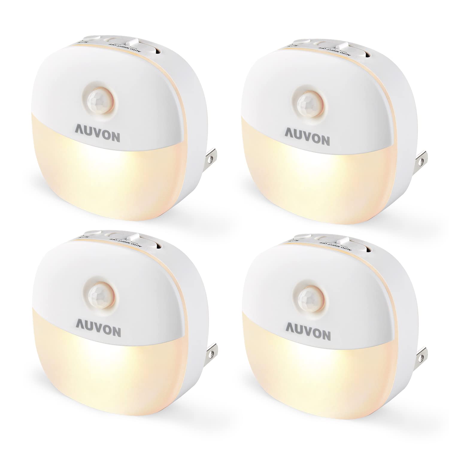 AUVON Plug in Night Light with Motion Sensor and Dusk to Dawn Sensor, Mini Warm White LED Nightlight with 1-50 lm Adjustable Brightness for Bathroom, Hallway, Stairs, Bedroom, Kitchen, 4 Packs