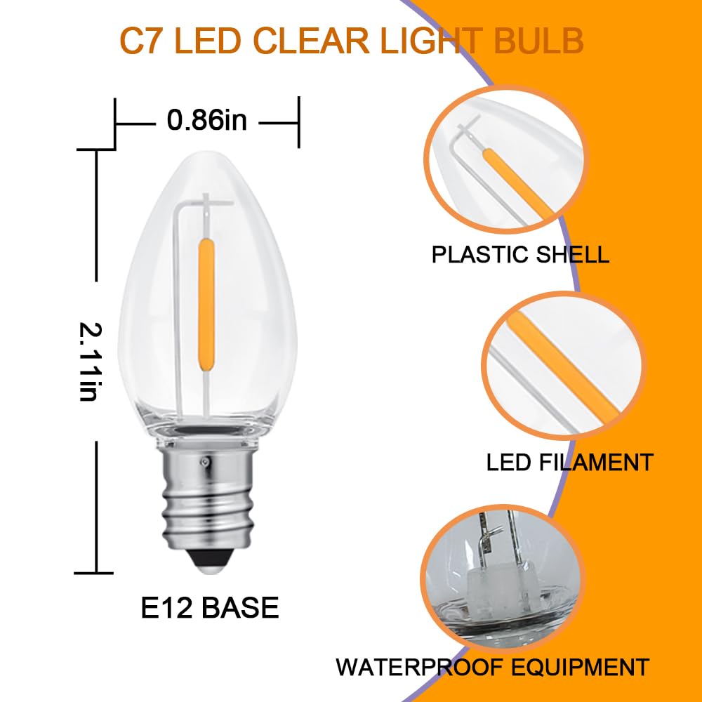 NETEHA C7 LED Christmas Light Bulbs, 50 Pack, Clear, E12 Base, Waterproof for Outdoor String Lights and Halloween Decor