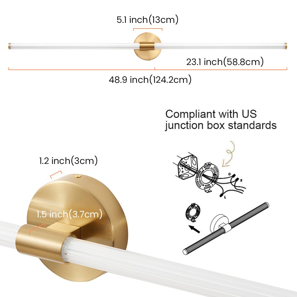 Gednbo Gold Bathroom Vanity Lights 49 Inch Long Bathroom Light Fixtures Over Mirror, Dimmable Led 360° Full Lighting Modern Vanity Light Bar Wall Sconce Warm Light For Bedroom Living Room