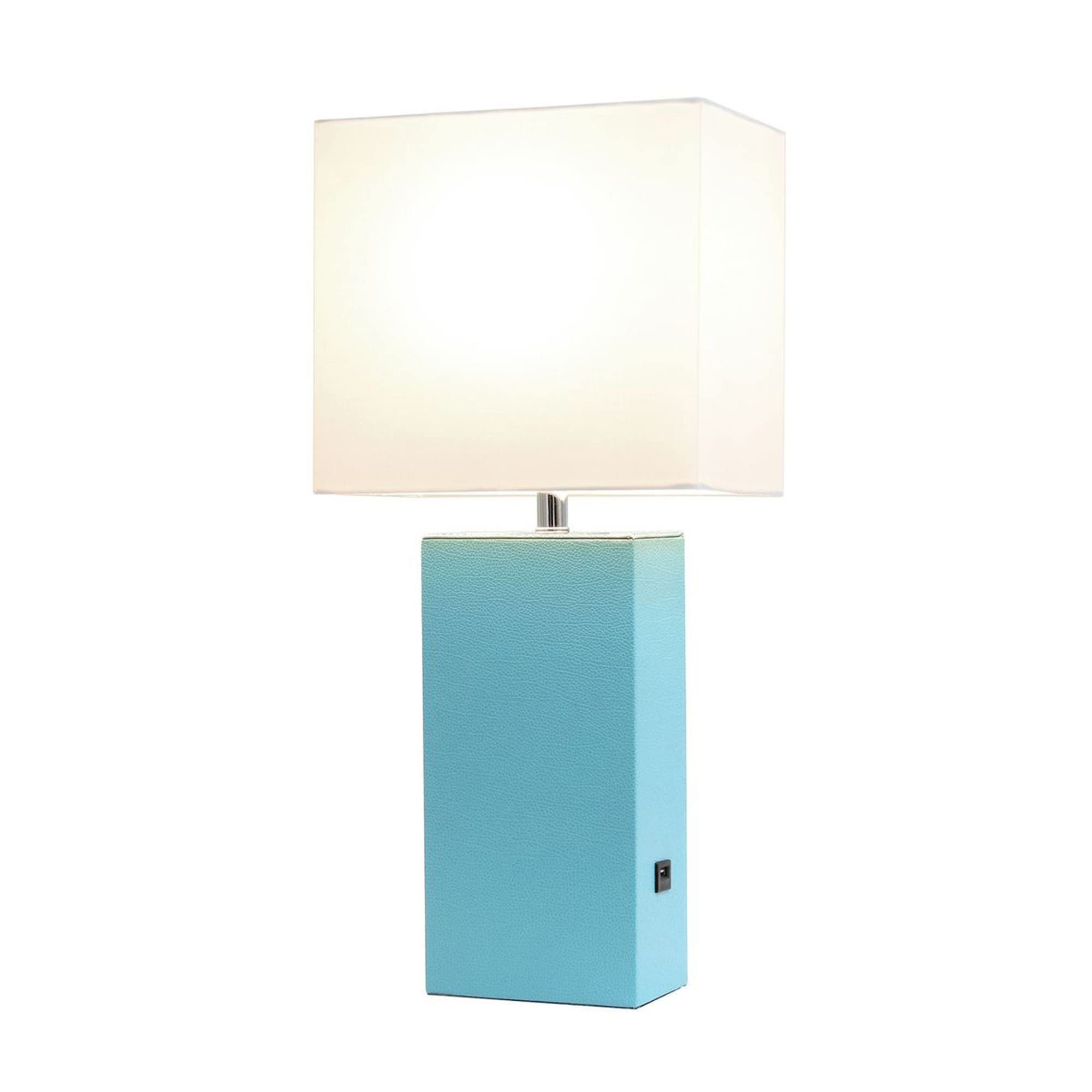 Lalia Home Bedside Table Lamp with USB Charging Port, 21in Aqua Leather Base, White Fabric Shade, Model 1270-LHT-3012-AU