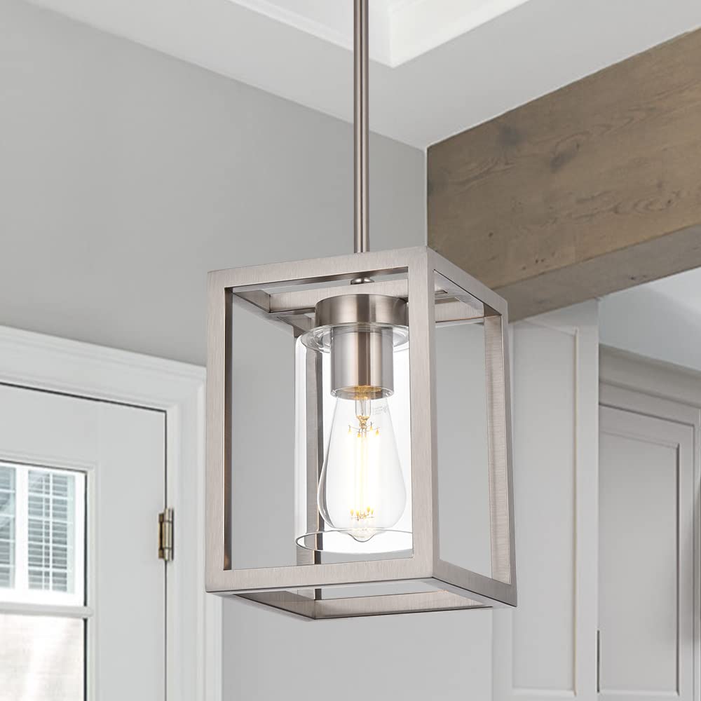 VINLUZ Brushed Nickel One Light Chandelier Pendant Fixture, Modern Kitchen Lighting with Clear Glass Shade, Model 1811-1-SN