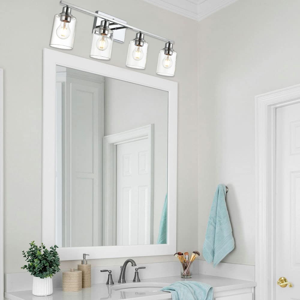 VINLUZ 4-Light Vanity Light Fixture, Chrome Finish with Clear Glass Shades, Wall Mounted for Bathroom & Living Room