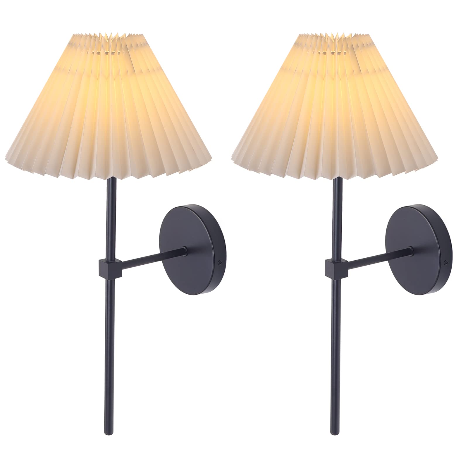 Wall Sconces Sets Of 2, White Pleated Fabric Lampshade Matte Black Wall Lamp, Column Bracket Wall Lighting, Bathroom Dresser Hardwired Lamp Fixture, Applicable To Living Room, Bedroom And Dining Room