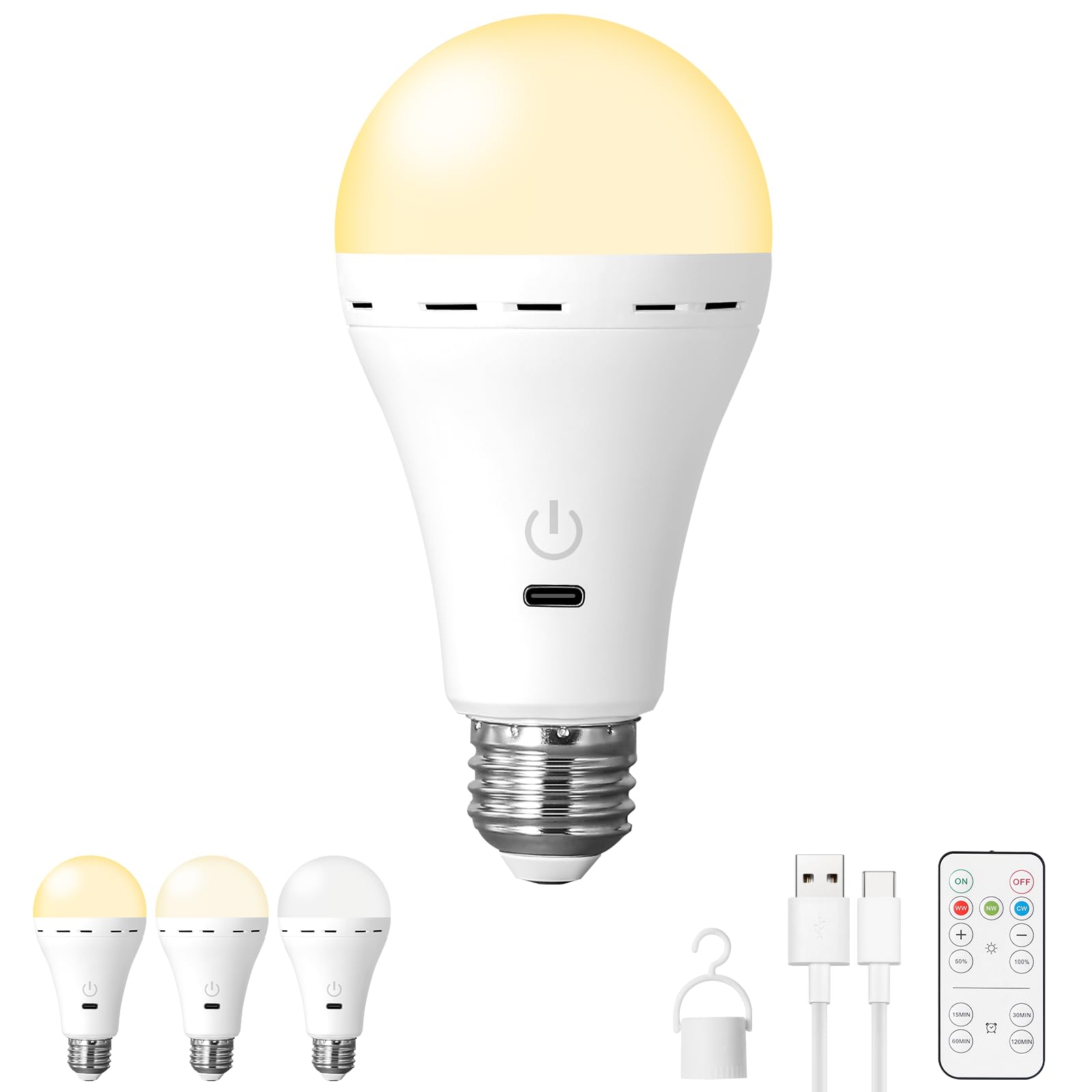 HOJOYRI 1Packs Magic Rechargeable Light Bulbs with Remote Control, E26 Cordless Battery Operated Light Bulb for Lamps, Wireless 