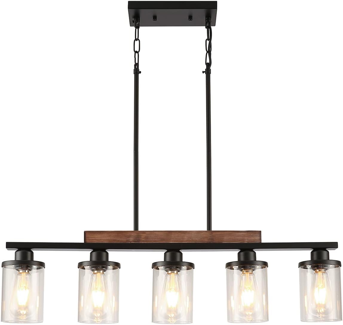 Feohak Dining Room Light Fixture,5-Light Kitchen Island Lighting Farmhouse Chandelier,Matte Black Metal Wood Industrial Pendant 