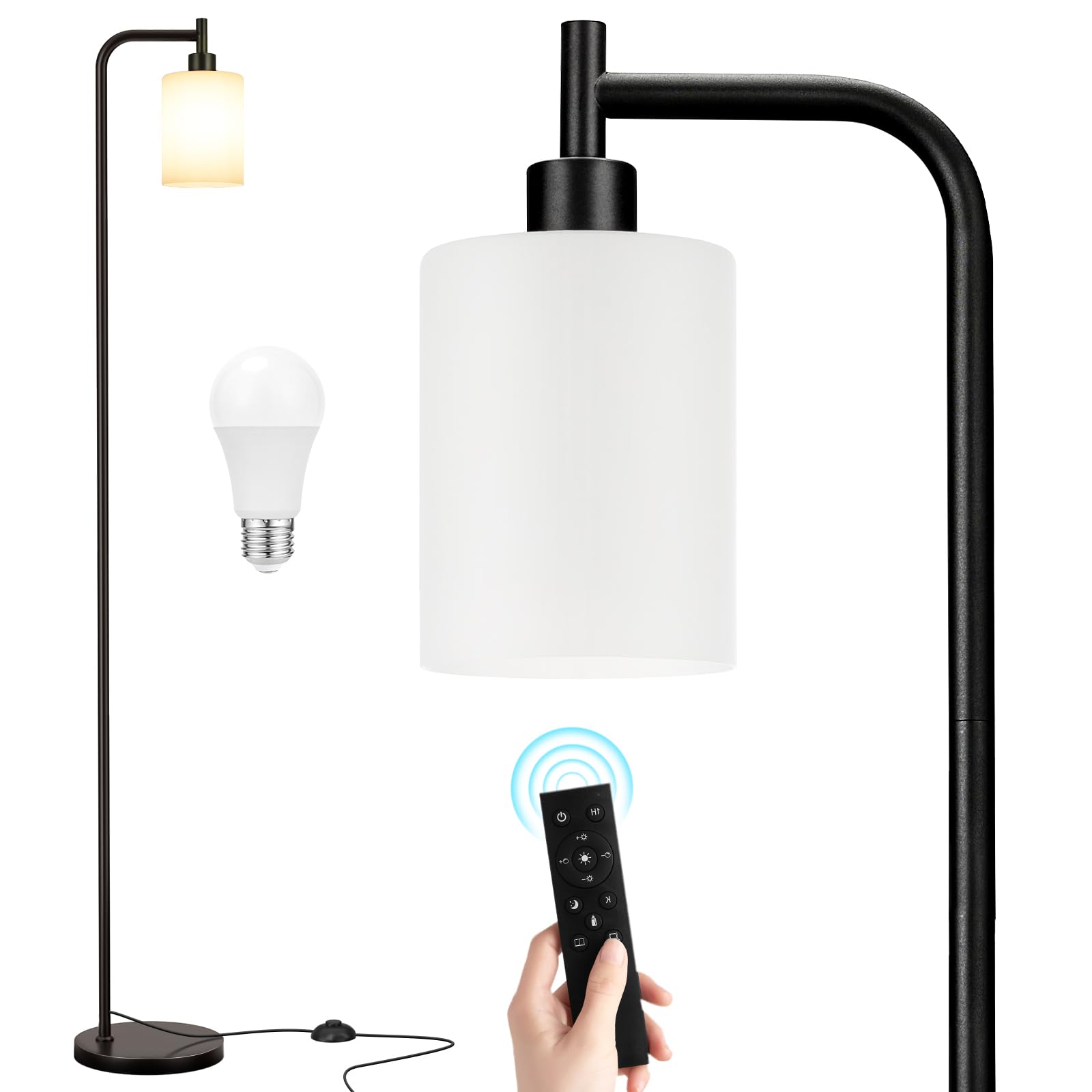 Ziisee Floor Lamps for Living Room - Standing Lamp with Remote Control Glass Shade, Modern Floor Lamp with LED Bulbs, Bright Industrial Floor Lamp for Bedroom, Black Tall Lamp for Office