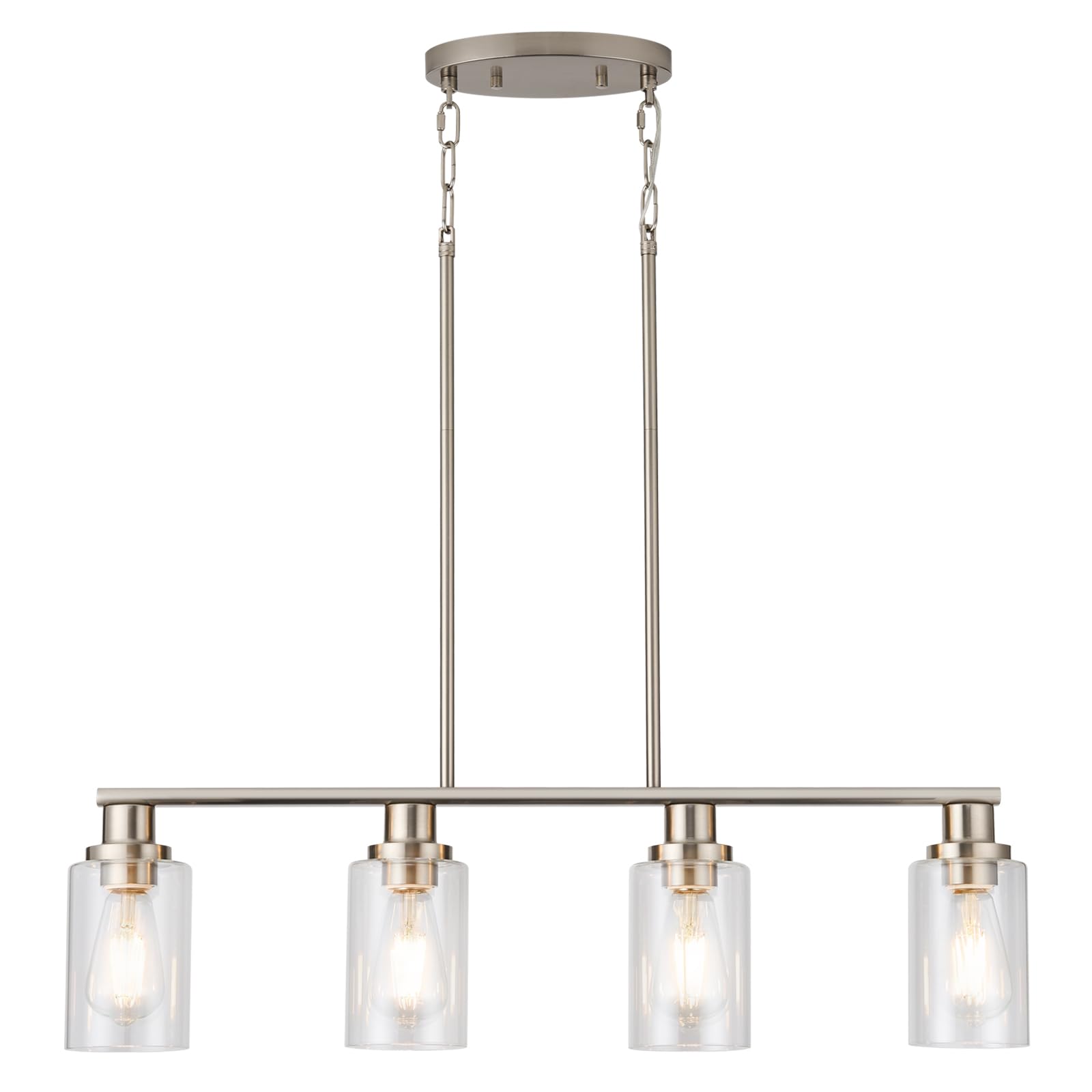 Kpiok Kitchen Island Lighting, 4-Light Farmhouse Dining Room Light Fixtures Over Table, Linear Chandelier Pendant Lighting For Kitchen Island For Brushed Nickel Finish With Clear Glass Shade