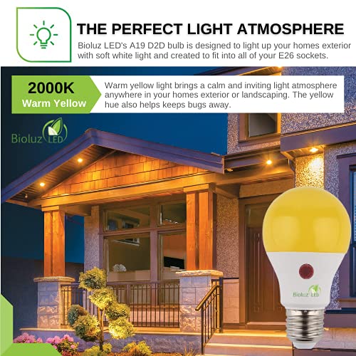 Bioluz Led 3 Pack Yellow Dusk To Dawn Bug Light Bulbs, 9W (60W Equivalent) A19 Led Light Bulb With Photocell Sensor, Auto On/Off