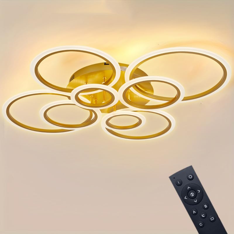 Dimmable LED Flush Mount Ceiling Light with Remote Control, 8-Ring Gold Design, Adjustable Color Temperature (3000-6000K) for Li