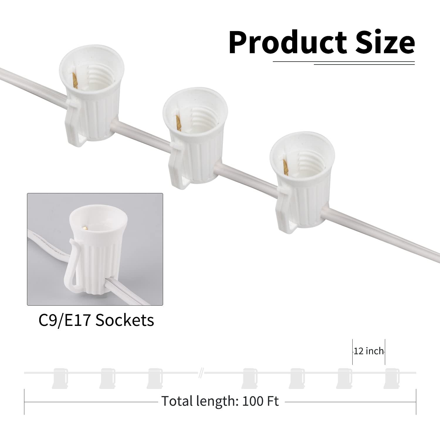C9 Light Strand 100 Ft For E17-12 Spacing, Outdoor String Light Christmas Stringer With 100 Sockets For Patio (White)