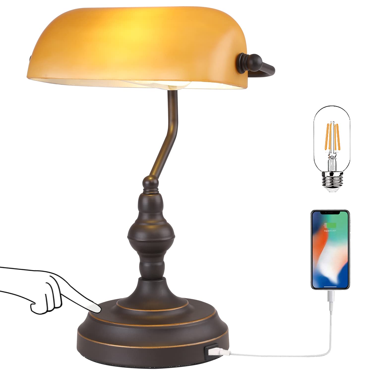 Liylan Bank Desk Lamp Touch Control, Vintage Bankers Lamps With Usb Port, 3 Way Dimmable Desk Lamps, Farmhouse Library Desk Lamp