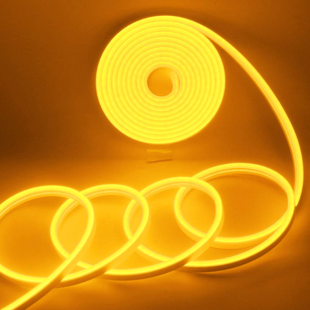 YM E-Bright Led Neon Band Lights 12V Silicone Rope Indoor Outdoor 16.4Ft 600SMD Waterproof Flexible for Signboard Bar TV Kitchen Bedroom Home Party Holiday Decoration Yellow/Amber(NO Power Adapter)