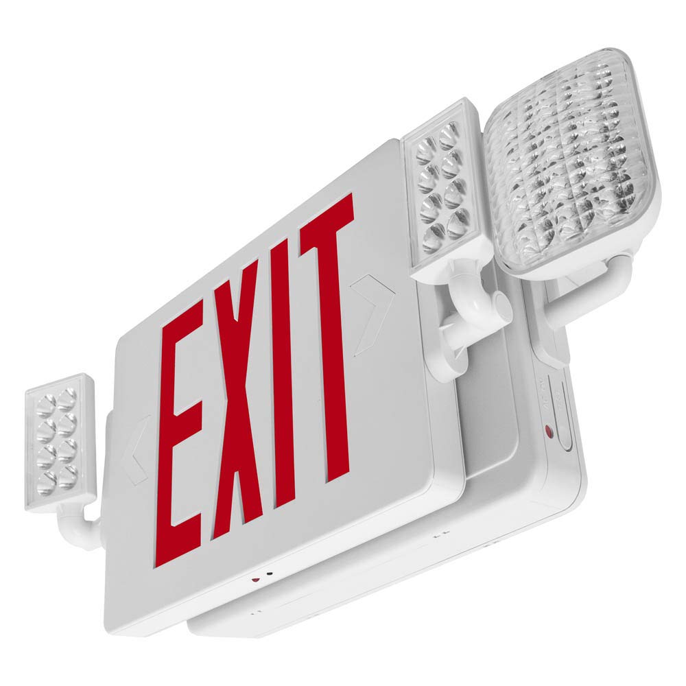 Lfi Lights | Thin Combo Red Exit Sign With Emergency Lights | White Housing | All Led | Two Adjustable Heads | Hardwired With Battery Backup | Ul Listed | (1 Pack) | Combot-R