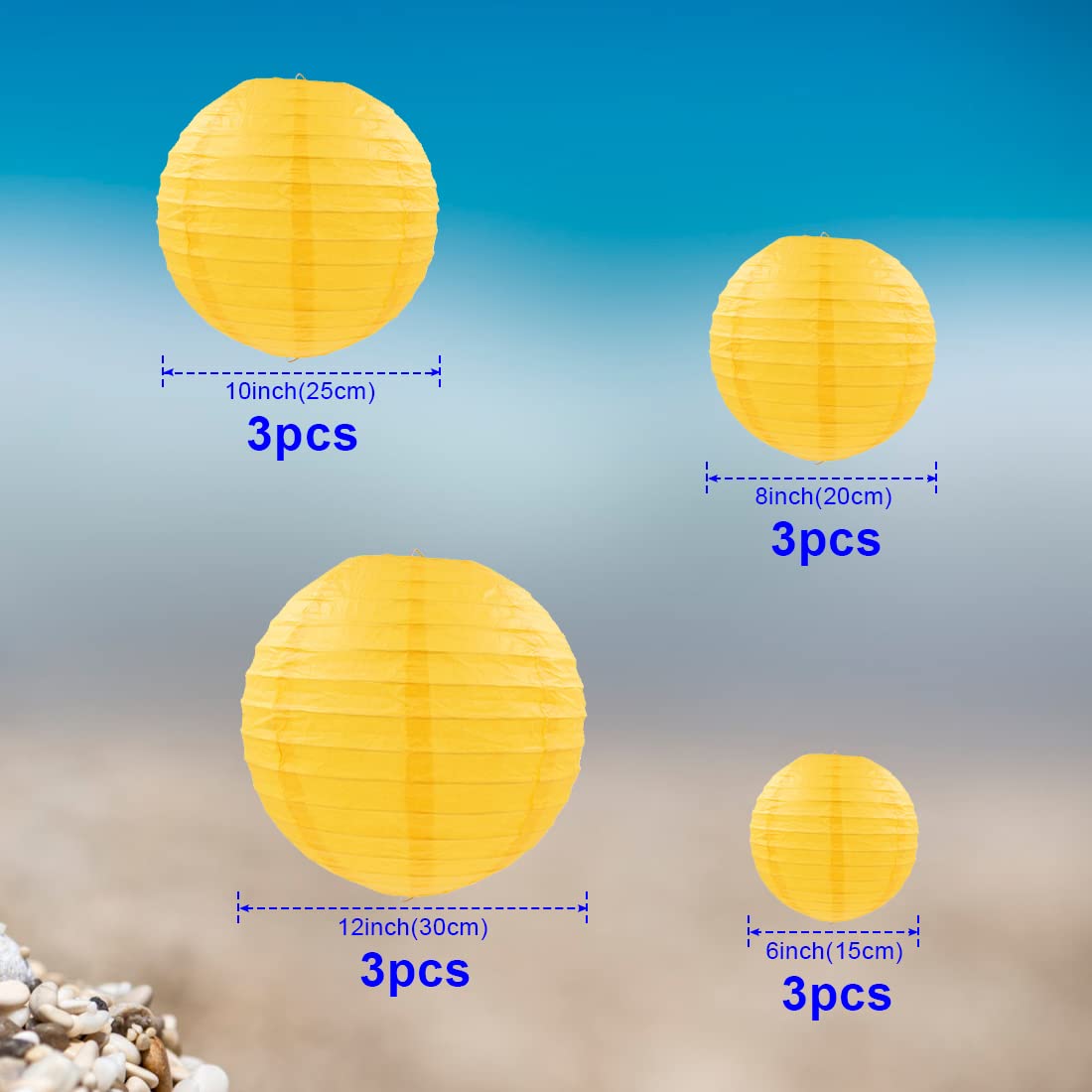 Famolay Yellow Paper Lanterns 12 Pcs Assorted Size Of 6'' 8'' 10'' 12'' Chinese Round Paper Hanging Decorations Ball Lanterns La