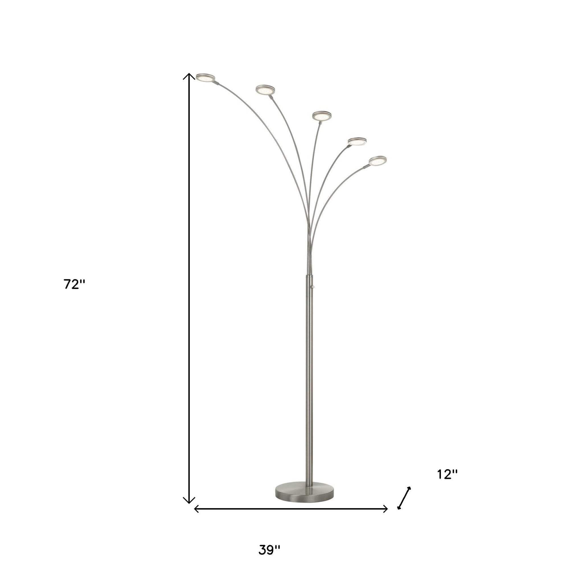 Homeroots Five Light Led Arc Floor Lamp - 72 In. Nickel Metal Design