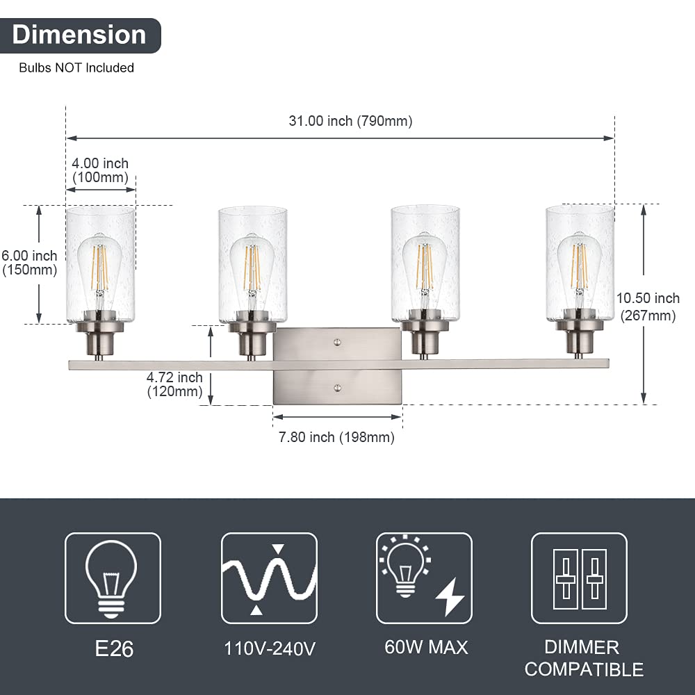 WINSHEN 4-Lights Vanity Light Fixture, Brushed Nickel, 31-Inches, Metal, Bathroom Wall Sconce with Seeded Glass