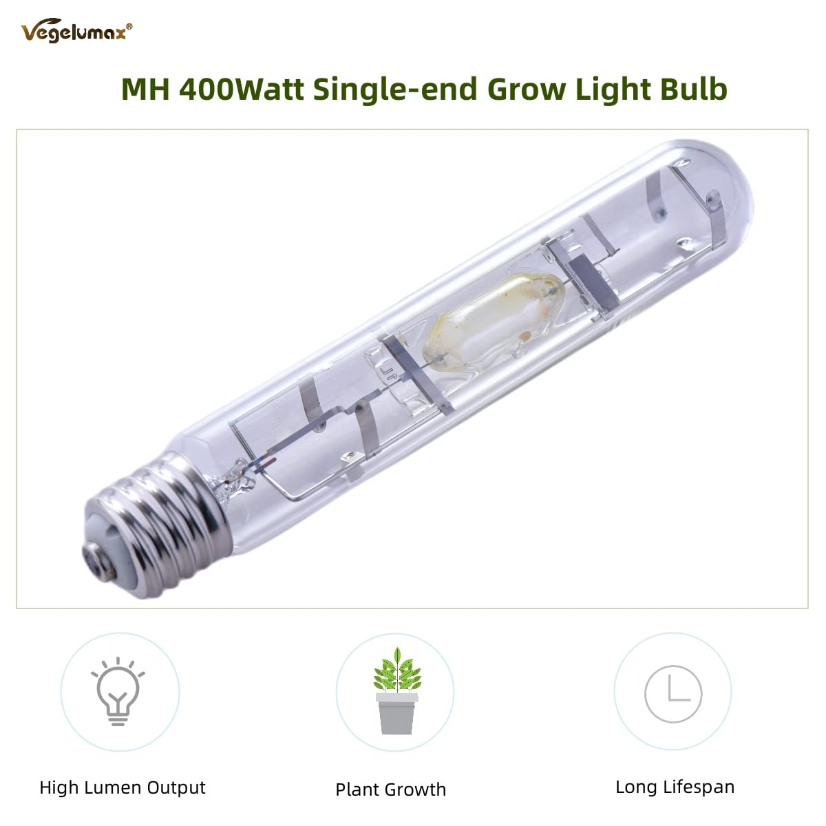 Vegelumax MH 400W Metal Halide Grow Light Bulb, 6000K, 36,000 Lumens, E39 Base, High PAR Blue and Violet Spectrum, 1