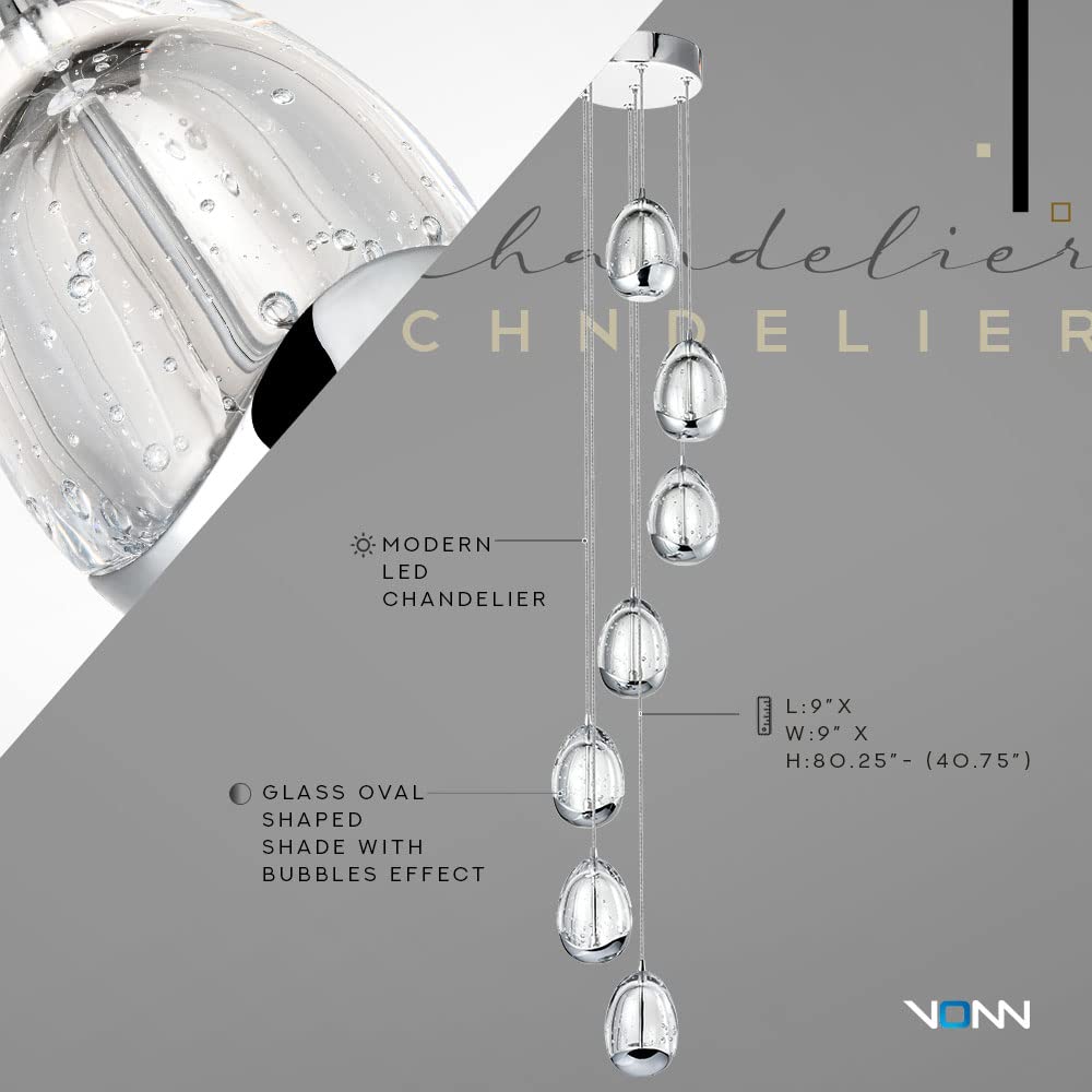 Vonn Venezia 7-Light Led Chandelier, Adjustable Height, Polished Chrome With Clear Glass Shades