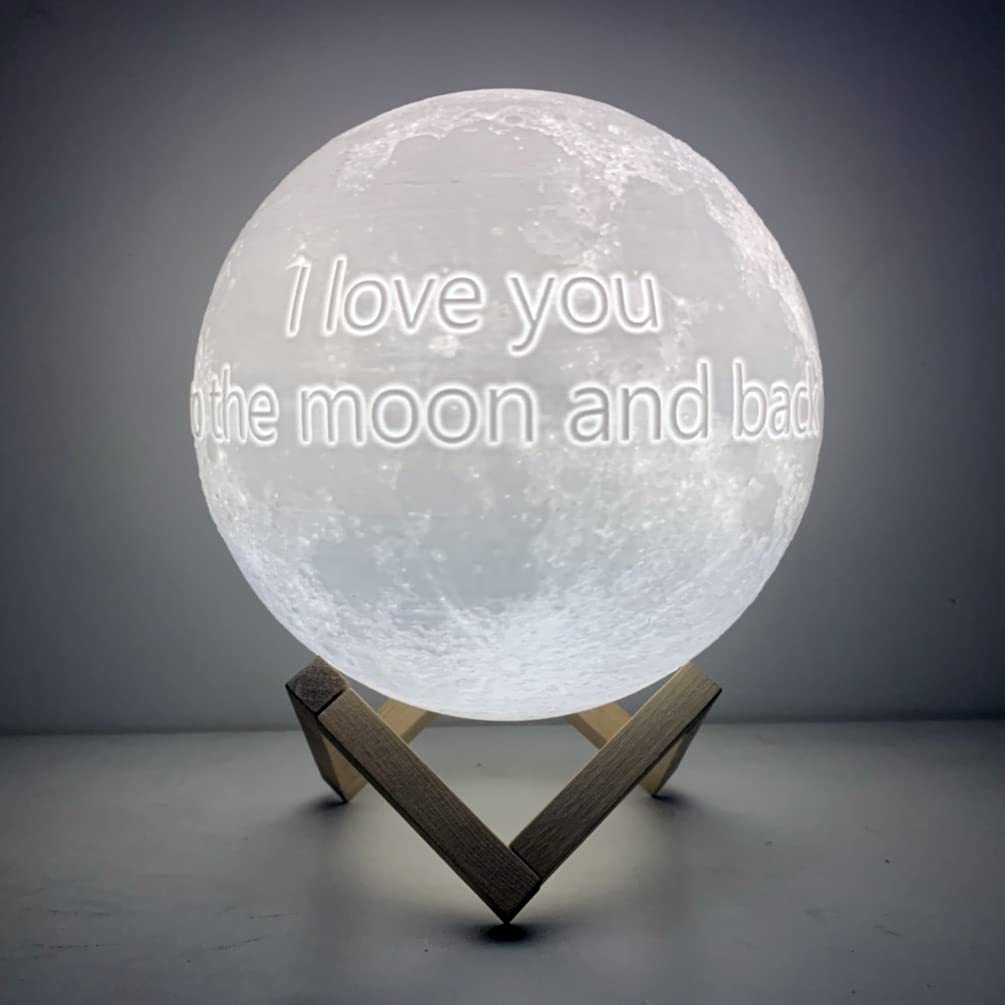 RMFSH Moon Lamp with Text- Moon Night Light for Adults Kids Baby Wooden Stand Remote Touch Control and USB Rechargeable 16 LED C