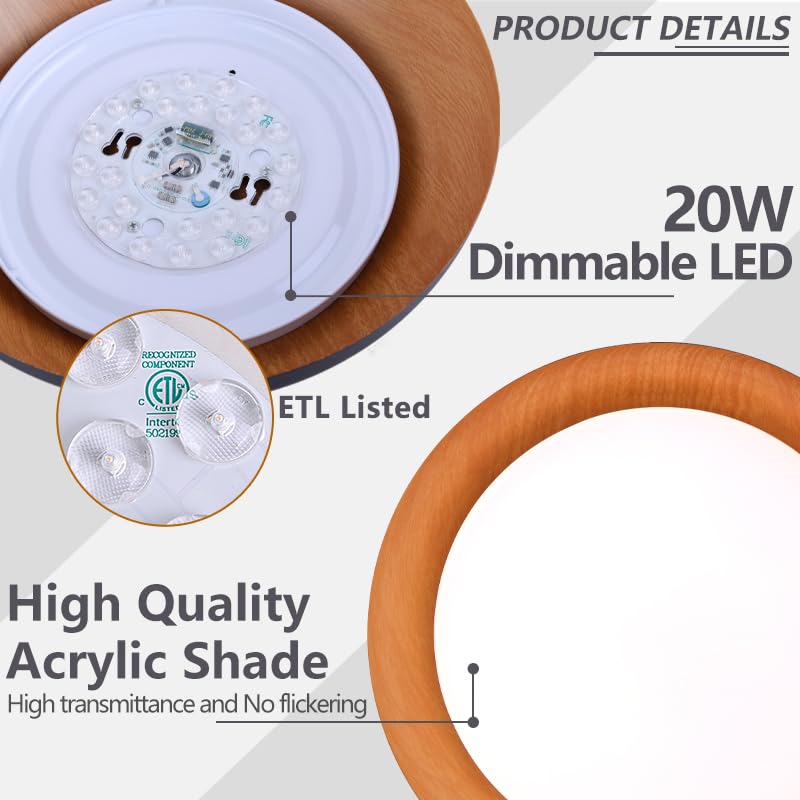 Bargeni Flush Mount Ceiling Light,12.5 Inch Led Ceiling Light Fixture,5Cct Dimmable/2700K-6000K/20W, Matte Black With Wood Accen