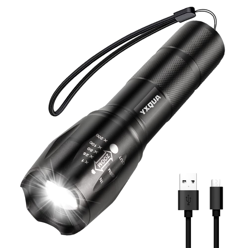 YXQUA USB Rechargeable Flashlight, 8381 High Lumens, 3 Modes, Zoomable, Waterproof, 5.1 in, Black, Aluminum