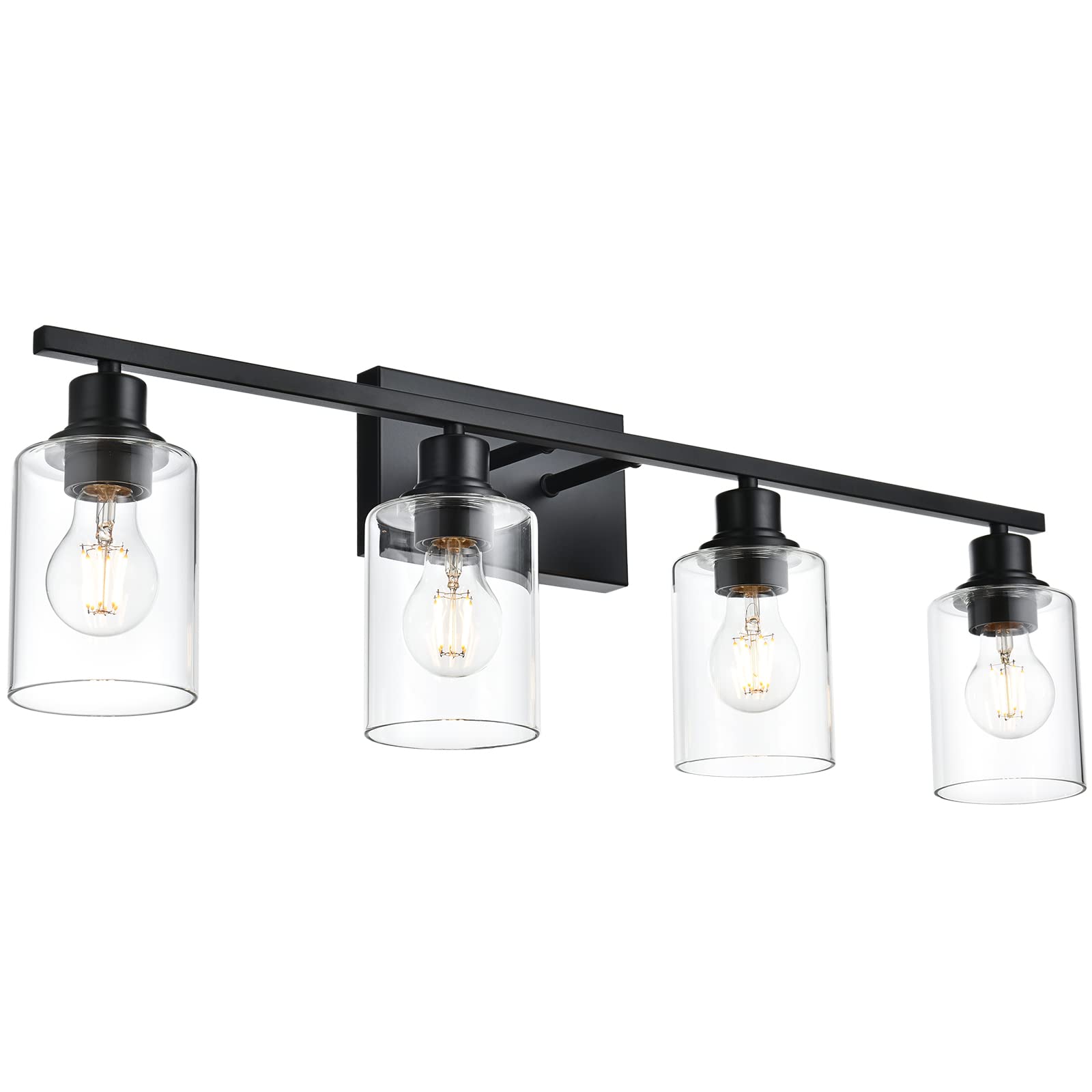 Vinluz 4-Lights Black Bathroom Vanity Light Fixtures With Clear Cylinder Glass Shade Industrial Metal Wall Mounted Lighting Over Mirror