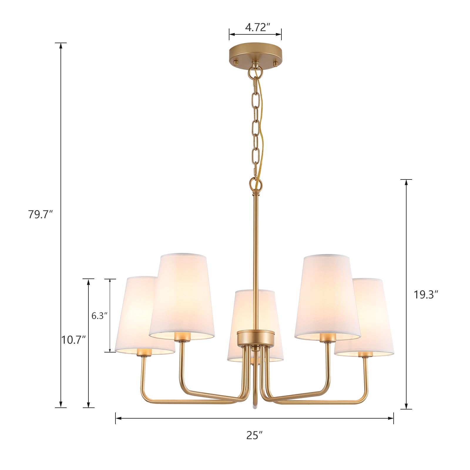 AMZASA Farmhouse Chandelier, 5-Light Gold Linear Lighting Fixture, 25"L x 19.3"W x 79.7"H, White Fabric Shade, Model AS9027-