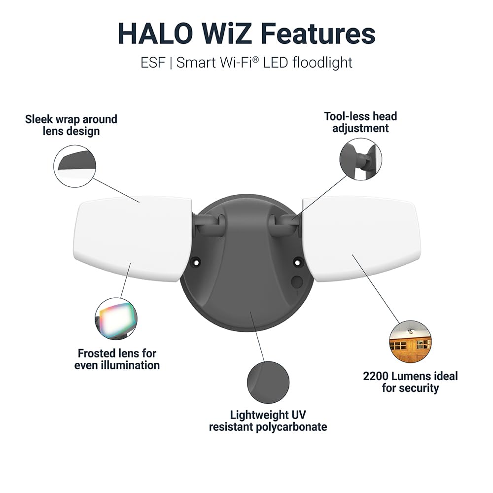 Halo Esf Wiz Smart Non-Motion Security Flood Light, 180-Watt Equivalent 2400 Lumens Black