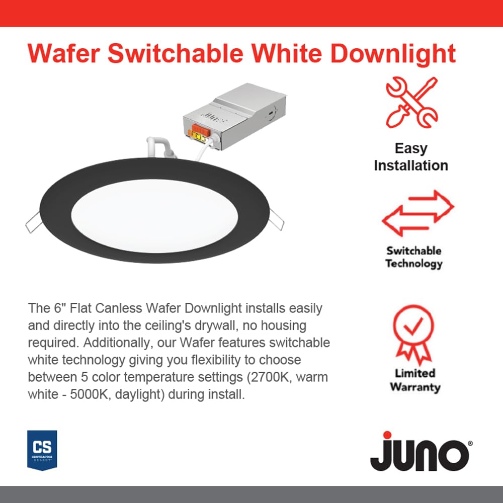 Juno Led Recessed Lights 6 Inch, Round Wafer Downlight, Switchable Color Temperature 2700K/3000K/3500K/4000K/5000K, 120 Volts, 6-Inch Ultra Thin Trim (6-Pack), Matte Black (Wf6 Sww5 90Cri Cp6 Mb M2)