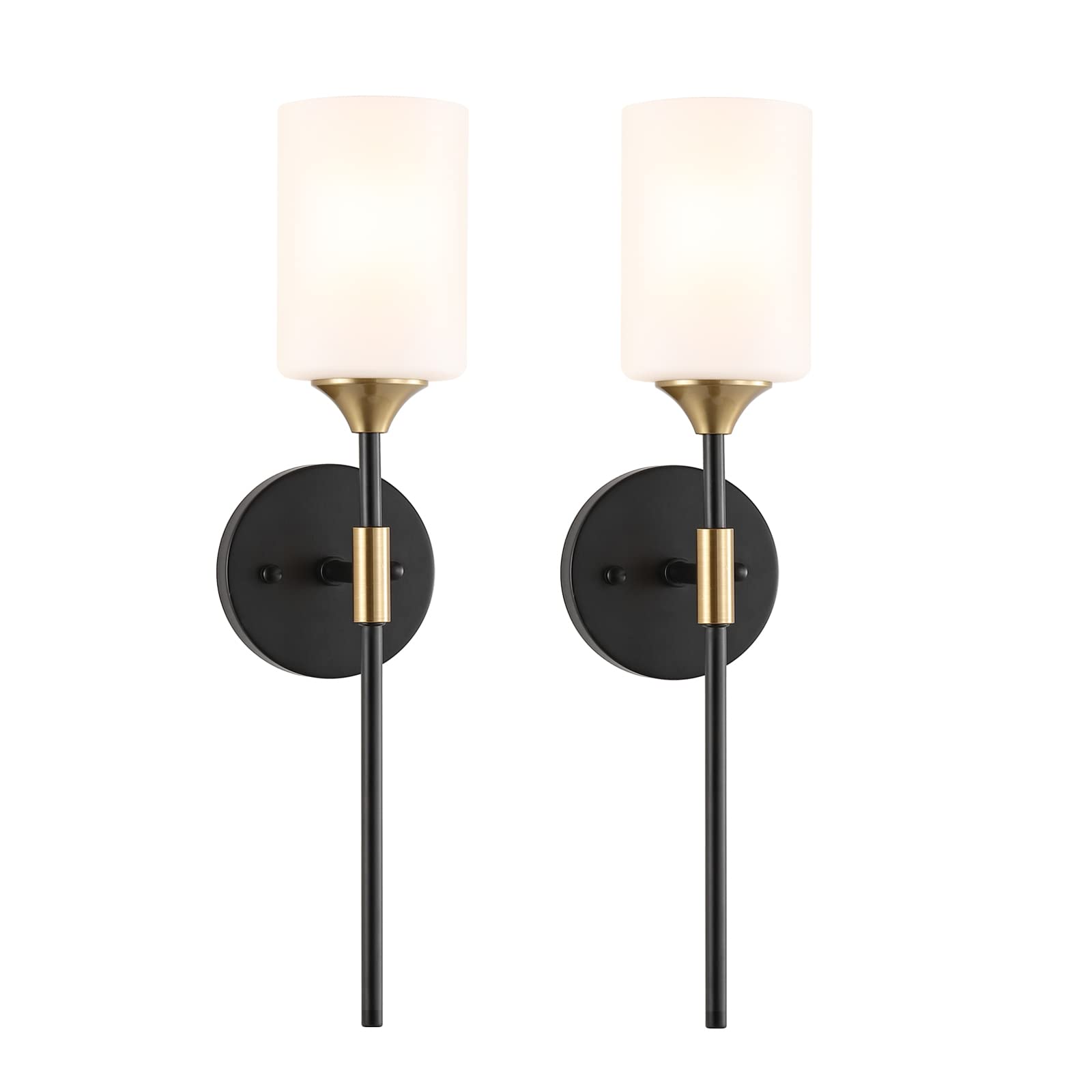 Byoliima Industrial Mid Century Wall Sconce Set Of 2 With White Cylinder Glass Shades Modern Bathroom Vanity Wall Lamp Black And