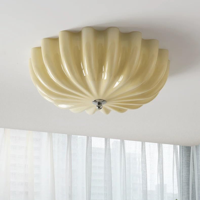 Bofea LED Flush Mount Vintage Yellow Glass Hallway Ceiling Lamp - Mid Century Overhead Light with Ribbed Glass Shade - Farmhouse Ceiling Light for Nursery  Kids Room  Bedroom  Bathroom