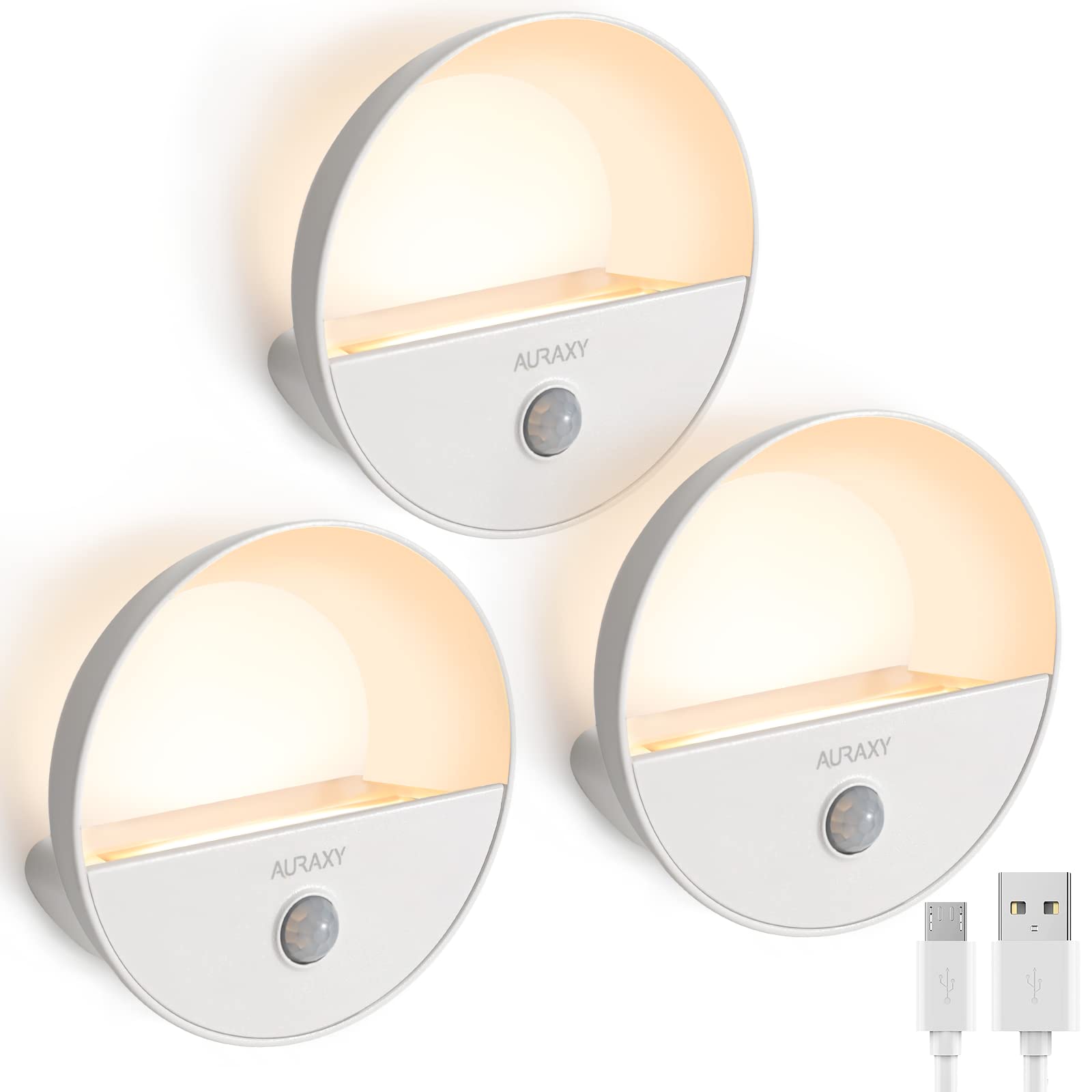 Auraxy 3 Pack Rechargeable Motion Sensor Night Light, Warm White Led, Magnetic Stick-On