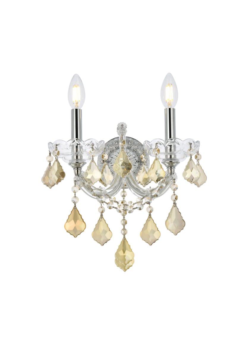 Elegant Lighting Maria Theresa 2-Light Wall Sconce, 12in x 16in, Chrome Finish with Golden Teak, Model 2800W2C-GT/RC, Crystal