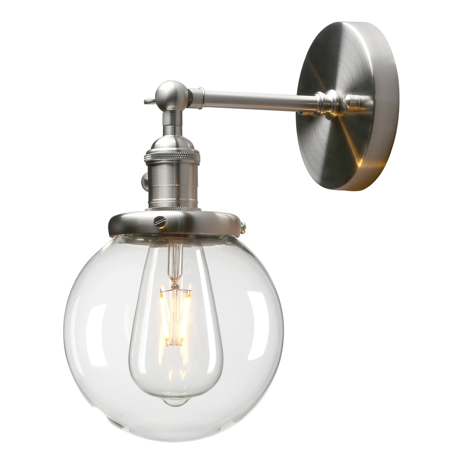 Permo Vintage Industrial Wall Sconce Lighting Fixture With Mini 5.9 Round Clear Glass Globe Hand Blown Shade (Brushed)