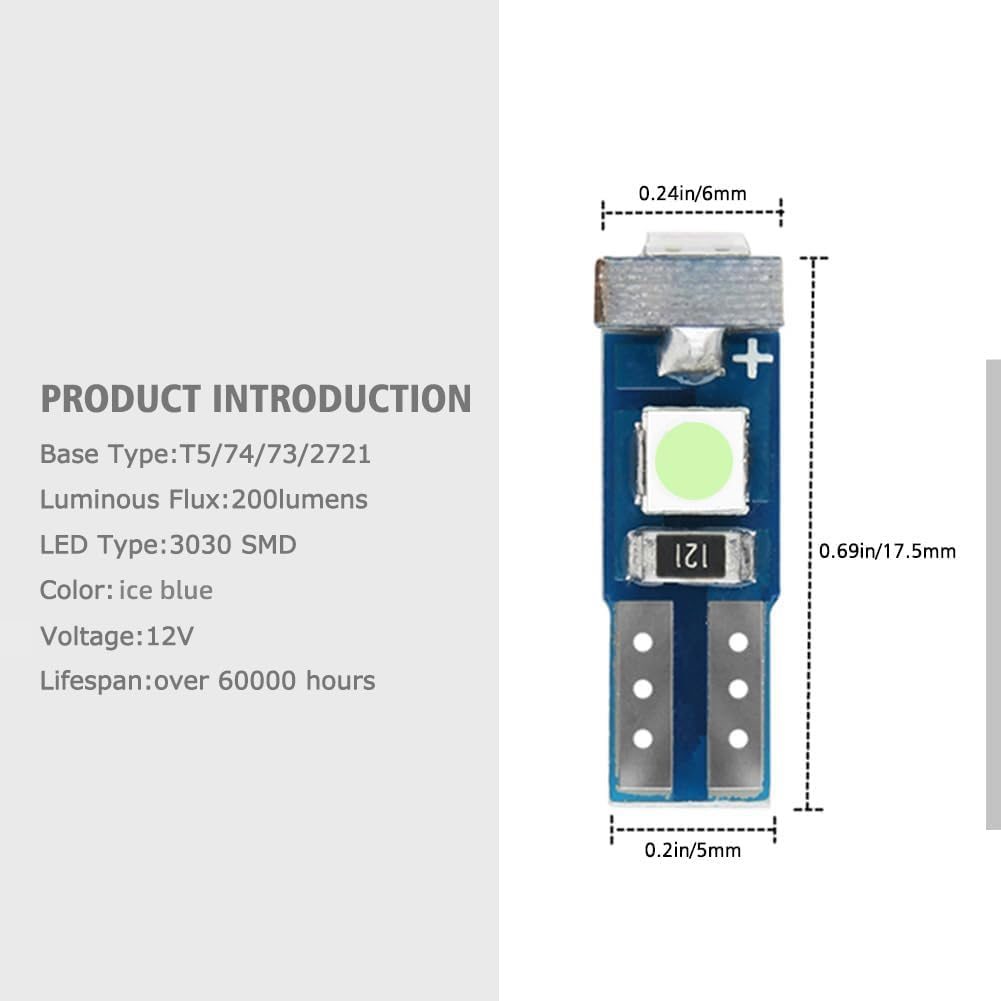 Nanpoku T5 LED Bulbs - Ice Blue, Error Free for Auto Dashboard, Gauge Cluster Indicator Lights, 74 73 37 2721 Model