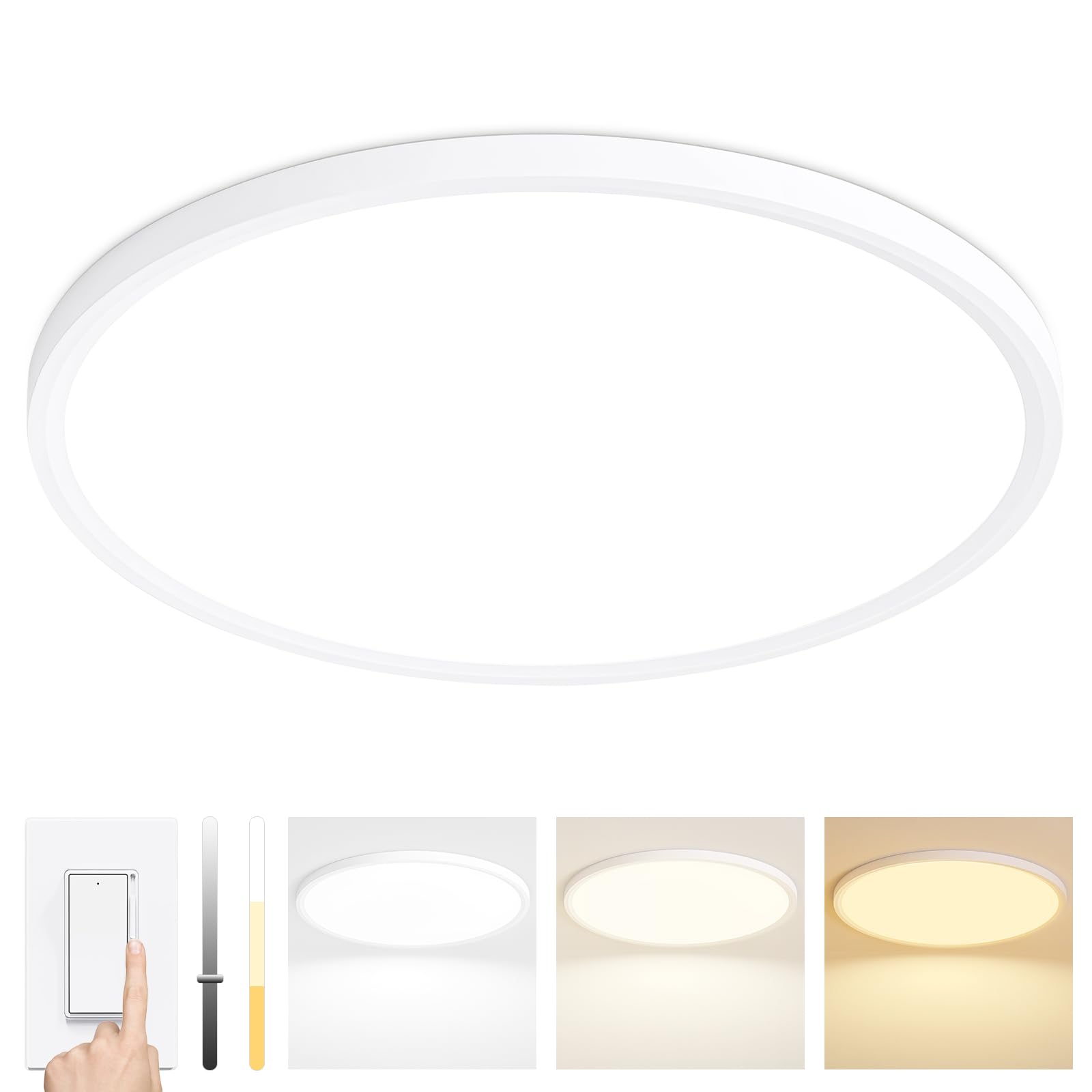 24 Inch Dimmable LED Ceiling Light Fixture, Ultra Thin Flush Mount, 48W 4800Lumen, 3 Color Changeable, Round, White, for Dining 