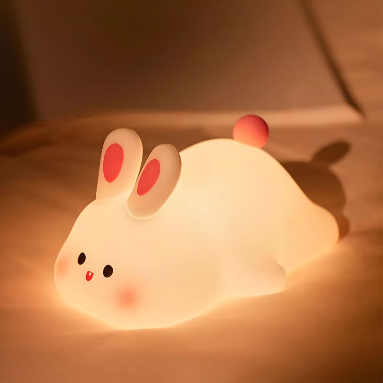 Rytinazzz Big Face Rabbit Night Light  3-Level Pat Control & Cute Squishy Lamp for Kids Room  USB Rechargeable with Timer  Valentines Gifts