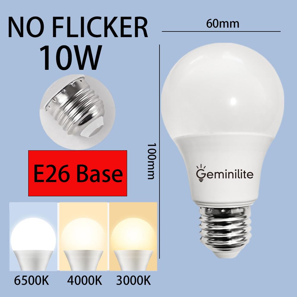 Geminilite A19 LED Light Bulbs, 60W Equivalent, 10W 1000 Lumen, Daylight White, Pack of 6, Energy Efficient Non-Dimmable