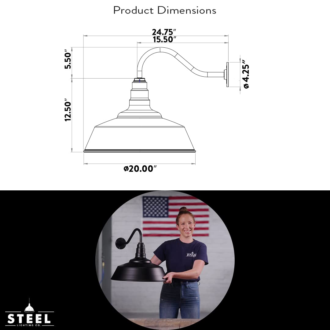 Steel Lighting Co. Redondo Barn Light - 20&quot; Outdoor Wall Mount, Black, Gooseneck Farmhouse Decor