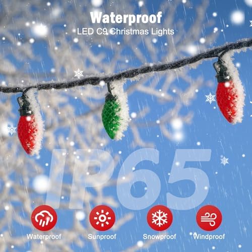 Minetom C9 LED Christmas Lights - 200 LED, 147 ft, Waterproof, 8 Modes, Red and Green, Model JT-EL/FC300V0200-C