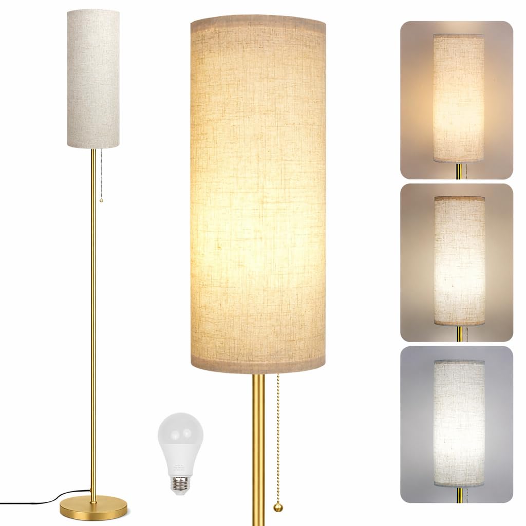 Ldeco Modern Floor Lamp for Living Room, Gold Standing Lamps with 3 Color Temperatures Bulb, Minimalist Tall Lamp with Chain Swi